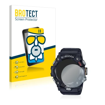 Front side of a product packaging with the brand logo BROTECT. Next to it is the device Casio G-Shock Mudmaster GG-B100-1AER s