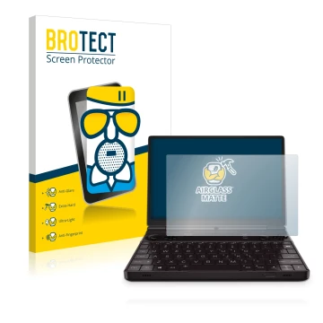 Front side of a product packaging with the brand logo BROTECT. Next to it is the device GPD Win Max 2 shown with the correspon