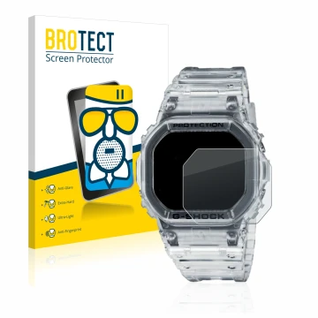 Front side of a product packaging with the brand logo BROTECT. Next to it is the device Casio G-Shock DW-5600SKE-7 shown with 