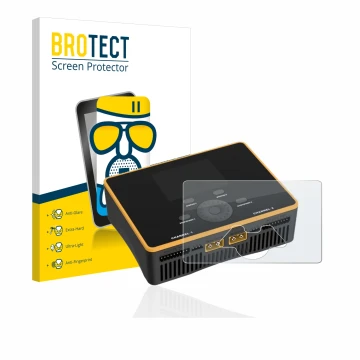 Front side of a product packaging with the brand logo BROTECT. Next to it is the device Junsi iCharger DX8 Duo shown with the 