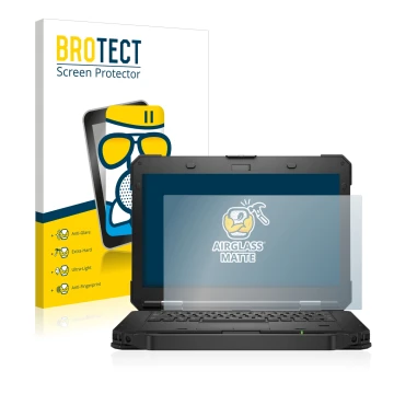 Front side of a product packaging with the brand logo BROTECT. Next to it is the device Dell Latitude 5430 Rugged shown with t