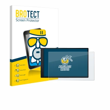Front side of a product packaging with the brand logo BROTECT. Next to it is the device Garmin DriveSmart 86 shown with the co