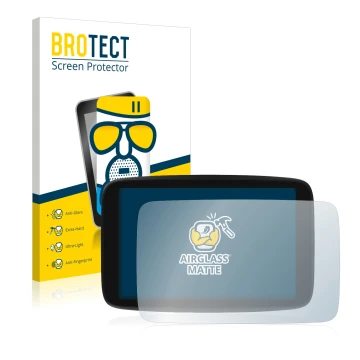 Front side of a product packaging with the brand logo BROTECT. Next to it is the device TomTom GO Camper Max shown with the co