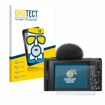 Front side of a product packaging with the brand logo BROTECT. Next to it is the device Sony ZV-1F shown with the correspondin