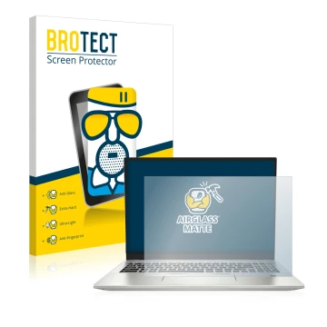 Front side of a product packaging with the brand logo BROTECT. Next to it is the device MSI Prestige 16 shown with the corresp