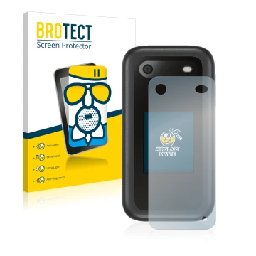 Front side of a product packaging with the brand logo BROTECT. Next to it is the device Nokia 2660 Flip (Back) shown with the 