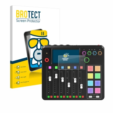 Front side of a product packaging with the brand logo BROTECT. Next to it is the device Rode Rodecaster Pro II shown with the 
