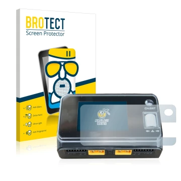 Front side of a product packaging with the brand logo BROTECT. Next to it is the device ToolkitRC M6D Dual Charger shown with 