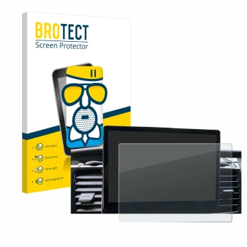 Front side of a product packaging with the brand logo BROTECT. Next to it is the device Ford Transit SYNC 4 shown with the cor