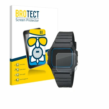 Front side of a product packaging with the brand logo BROTECT. Next to it is the device Casio F-105W-1AWYEF shown with the cor