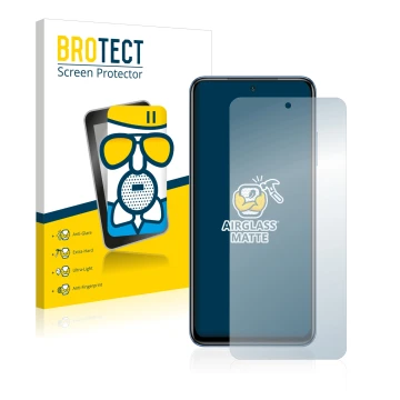 Front side of a product packaging with the brand logo BROTECT. Next to it is the device Xiaomi Poco M5s shown with the corresp