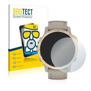 Front side of a product packaging with the brand logo BROTECT. Next to it is the device Garmin Fenix 6S Pro Solar shown with t
