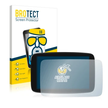Front side of a product packaging with the brand logo BROTECT. Next to it is the device TomTom GO Exclusive shown with the cor