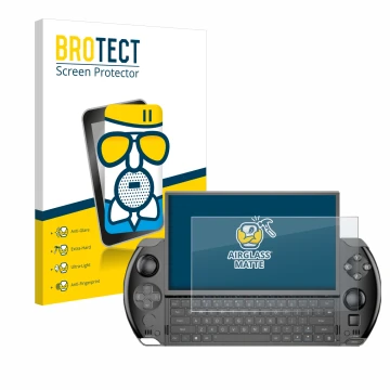 Front side of a product packaging with the brand logo BROTECT. Next to it is the device GPD Win 4 shown with the corresponding