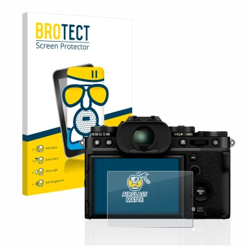 Front side of a product packaging with the brand logo BROTECT. Next to it is the device Fujifilm X-T5 shown with the correspon
