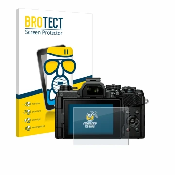 Front side of a product packaging with the brand logo BROTECT. Next to it is the device Olympus OM System OM-5 shown with the 