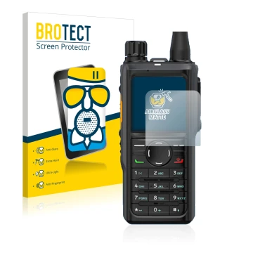 Front side of a product packaging with the brand logo BROTECT. Next to it is the device Hytera HP 685 shown with the correspon