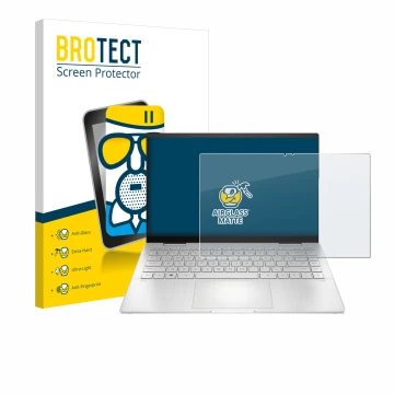 Front side of a product packaging with the brand logo BROTECT. Next to it is the device HP Pavilion x360 2-in-1 (14-ekX) shown