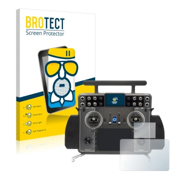 Front side of a product packaging with the brand logo BROTECT. Next to it is the device FrSky Tandem XE 2 shown with the corre