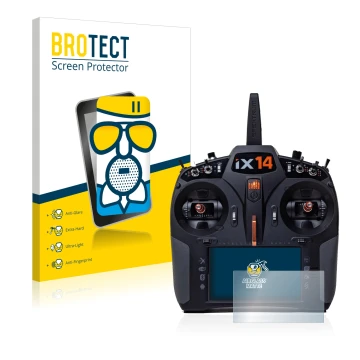 Front side of a product packaging with the brand logo BROTECT. Next to it is the device Spektrum iX14 shown with the correspon