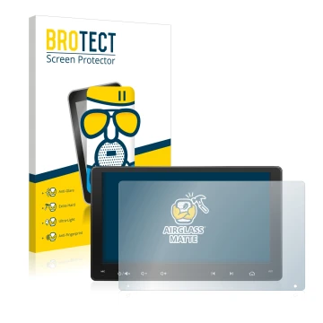 Front side of a product packaging with the brand logo BROTECT. Next to it is the device Atoto A6 PF 9 Zoll shown with the corr