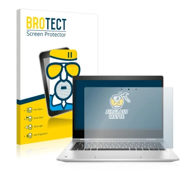 Front side of a product packaging with the brand logo BROTECT. Next to it is the device HP ProBook x360 435 G9 shown with the 