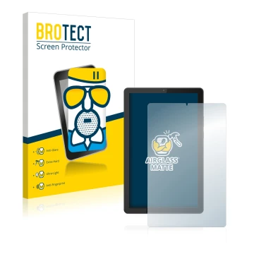 Front side of a product packaging with the brand logo BROTECT. Next to it is the device Lenovo Tab M9 shown with the correspon