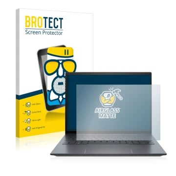 Front side of a product packaging with the brand logo BROTECT. Next to it is the device HP Elite Dragonfly G3 shown with the c