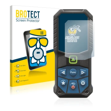 Front side of a product packaging with the brand logo BROTECT. Next to it is the device Bosch GLM 50-25 G shown with the corre