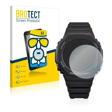 Front side of a product packaging with the brand logo BROTECT. Next to it is the device Casio G-Shock GA-B2100 shown with the 