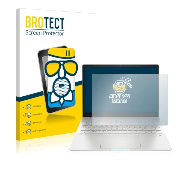 Front side of a product packaging with the brand logo BROTECT. Next to it is the device HP Pavilion Plus 14-eh shown with the 