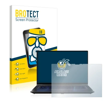 Front side of a product packaging with the brand logo BROTECT. Next to it is the device ASUS ROG Flow X16 shown with the corre