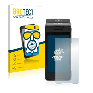 Front side of a product packaging with the brand logo BROTECT. Next to it is the device myPOS Carbon shown with the correspond