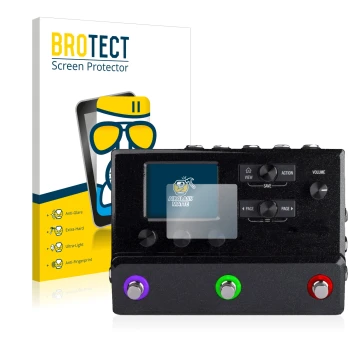 Front side of a product packaging with the brand logo BROTECT. Next to it is the device Line 6 hx stomp shown with the corresp