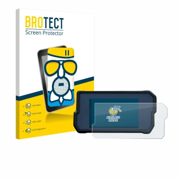 Front side of a product packaging with the brand logo BROTECT. Next to it is the device KTM 390 Duke 2019 shown with the corre