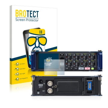 Front side of a product packaging with the brand logo BROTECT. Next to it is the device Zoom F8 field recorder shown with the 