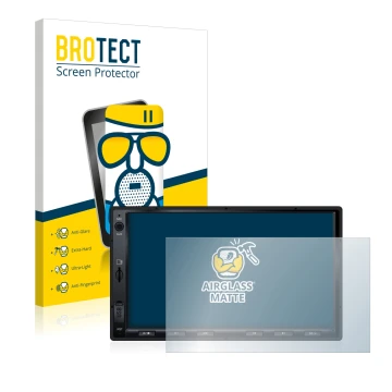 Front side of a product packaging with the brand logo BROTECT. Next to it is the device Atoto S8 Standard 7 zoll shown with th