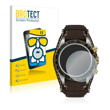 Front side of a product packaging with the brand logo BROTECT. Next to it is the device Tudor Black Bay Chrono 41mm shown with