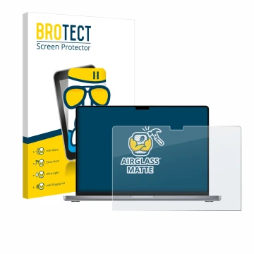 Front side of a product packaging with the brand logo BROTECT. Next to it is the device Apple MacBook Pro 16