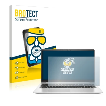 Front side of a product packaging with the brand logo BROTECT. Next to it is the device HP EliteBook 650 G9 shown with the cor