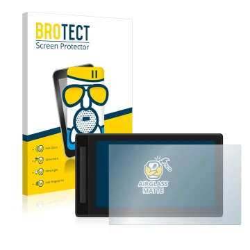 Front side of a product packaging with the brand logo BROTECT. Next to it is the device Huion Kamvas Pro 16 (2.5K) shown with 