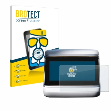 Front side of a product packaging with the brand logo BROTECT. Next to it is the device Tesla Model X Plaid 2023 (Back display