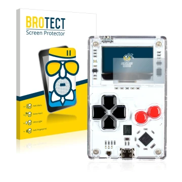 Front side of a product packaging with the brand logo BROTECT. Next to it is the device Arduboy FX shown with the correspondin