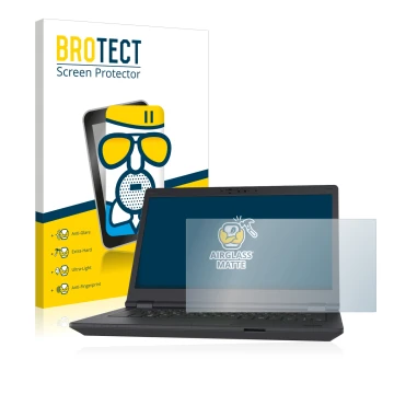 Front side of a product packaging with the brand logo BROTECT. Next to it is the device Fujitsu Lifebook E5411 shown with the 