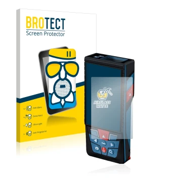 Front side of a product packaging with the brand logo BROTECT. Next to it is the device Bosch GLM 150-27c shown with the corre