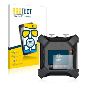 Front side of a product packaging with the brand logo BROTECT. Next to it is the device Zoom F3 field recorder shown with the 