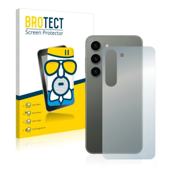 Front side of a product packaging with the brand logo BROTECT. Next to it is the device Samsung Galaxy S23 (Back) shown with t