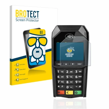 Front side of a product packaging with the brand logo BROTECT. Next to it is the device ingenico Desk/1600 shown with the corr