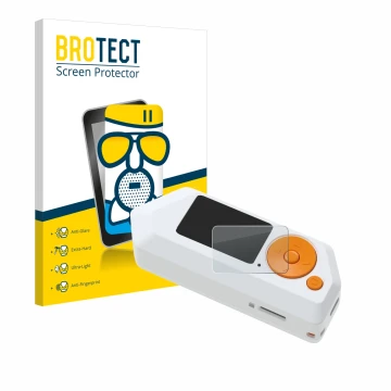 Front side of a product packaging with the brand logo BROTECT. Next to it is the device Flipper Zero FZ.1 shown with the corre