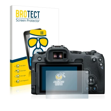 Front side of a product packaging with the brand logo BROTECT. Next to it is the device Canon EOS R8 shown with the correspond